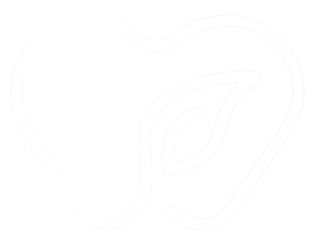 Outlined tooth and leaf symbol in white on dark background